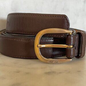 PIERRE CARDIN Vintage Signed Brown Leather Slim Brass Hardware Belt 38/95